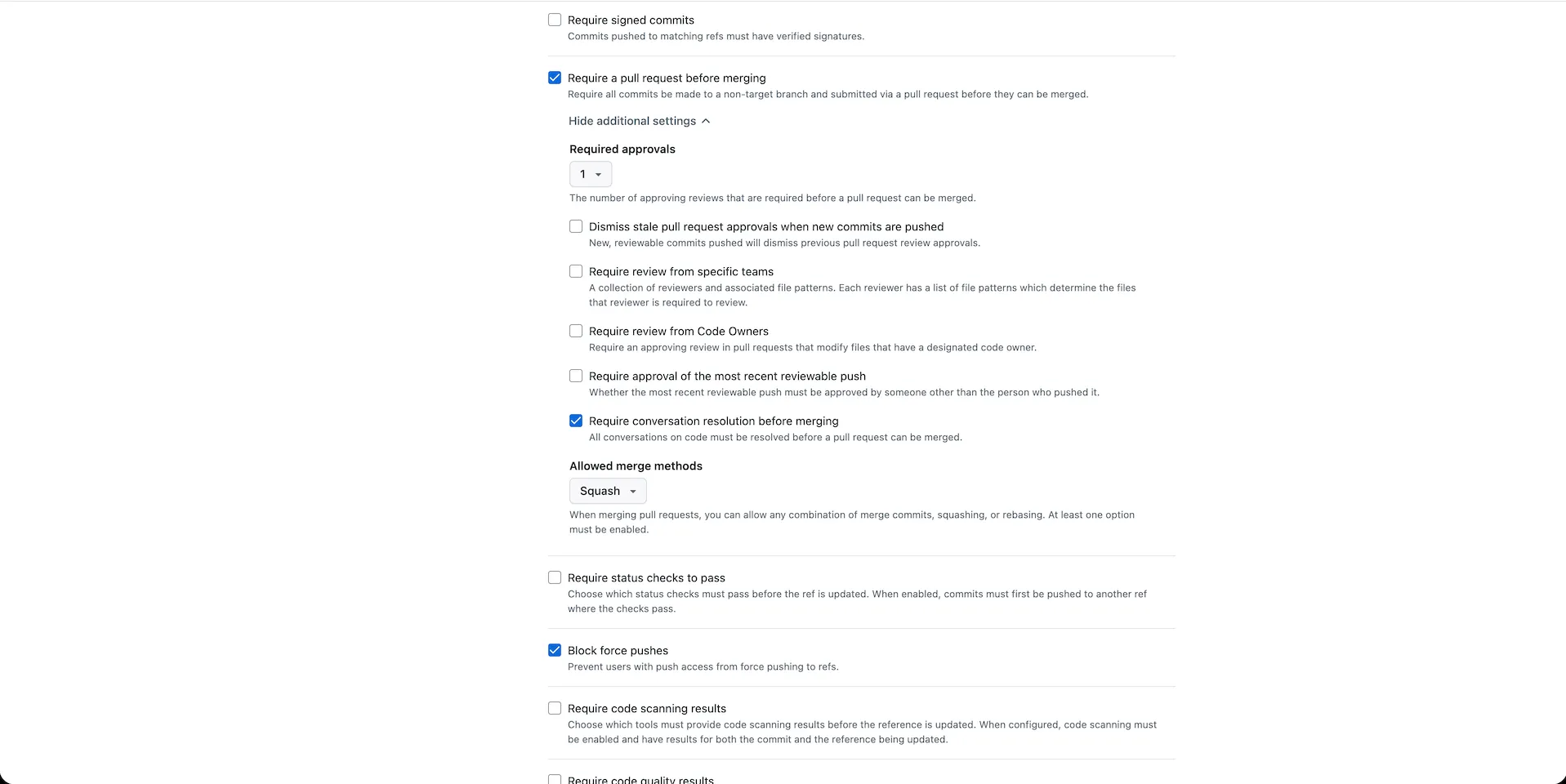 Rules 체크 및 하위 옵션 설정 화면